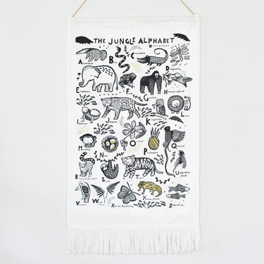 Jungle Alphabet Tapestry for nursery decor featuring colorful letters and playful animal designs.