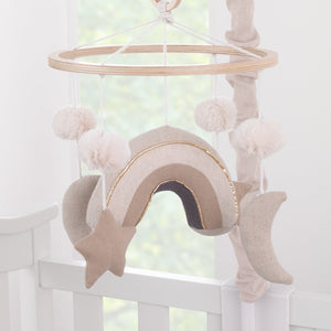 Rainbow Moon and Stars Pom Pom Ivory, Taupe, and Natural Wood Tones Plush Nursery Musical Mobile