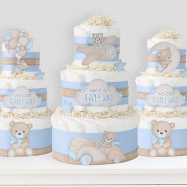Blue Teddy Bear Diaper Cake Collection - adorable and practical baby gift for new parents.
