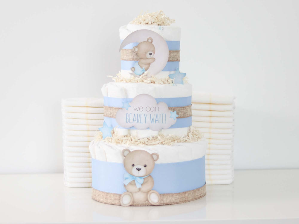 Blue Teddy Bear Diaper Cake Collection - adorable and practical baby gift for new parents.