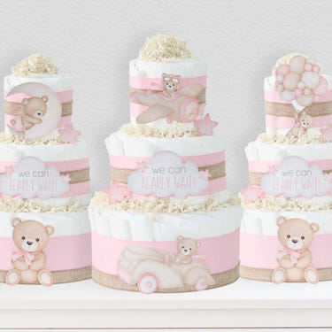 Pink Teddy Bear Diaper Cake Collection for babies, perfect for baby showers and nursery decor.