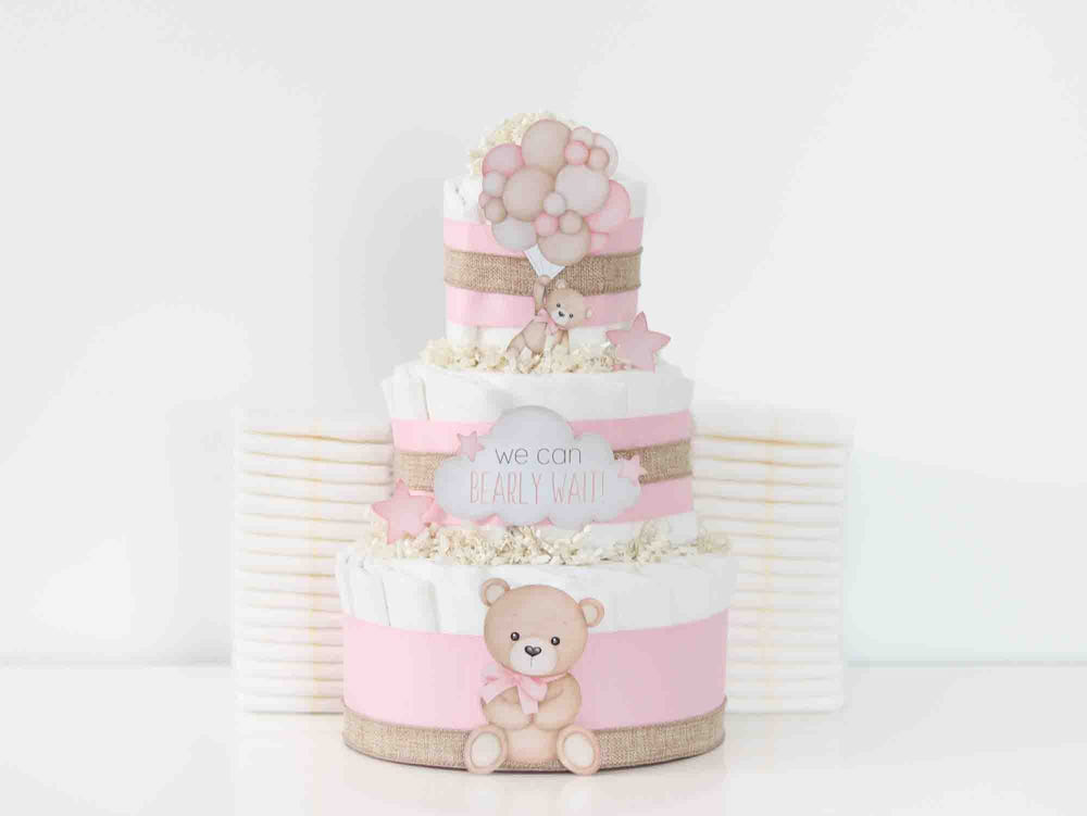 Pink Teddy Bear Diaper Cake Collection for babies, perfect for baby showers and nursery decor.