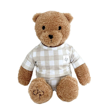 Gingham teddy plush toy for babies, perfect for bedding and sleep comfort.