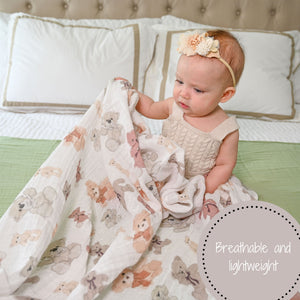 LollyBanks Muslin Swaddle Blankets, 100% Cotton Baby Blanket, 47"x 47" Newborn Swaddle Blanket, (Teddy Bear Print)