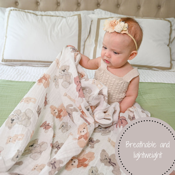 LollyBanks Muslin Swaddle Blankets, 100% Cotton Baby Blanket, 47"x 47" Newborn Swaddle Blanket, (Teddy Bear Print)