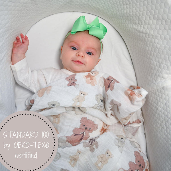 LollyBanks Muslin Swaddle Blankets, 100% Cotton Baby Blanket, 47"x 47" Newborn Swaddle Blanket, (Teddy Bear Print)