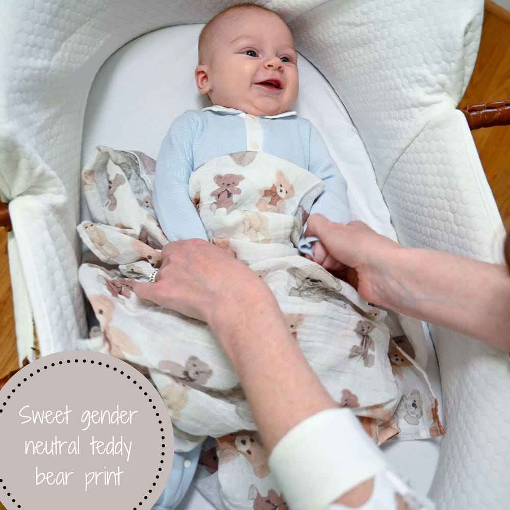 LollyBanks 100% Cotton Teddy Bear Print Muslin Swaddle Blanket for newborns, 47"x47" size.