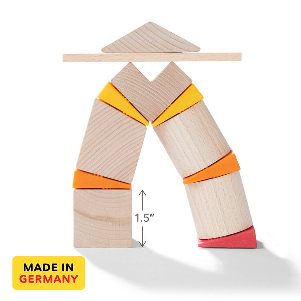 Teetering Towers Wooden Blocks in vibrant colors, showcasing a playful design at an angle. Perfect for baby playtime!