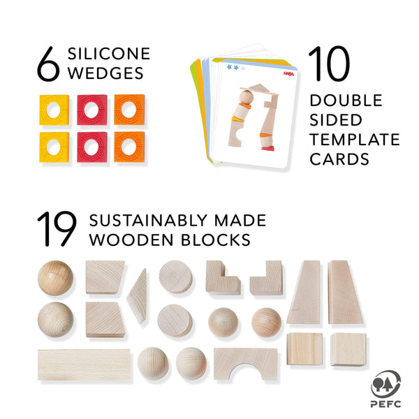 Colorful Teetering Towers Wooden Blocks stacked at an angle, perfect for imaginative play and developing motor skills.