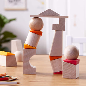 Teetering Towers Wooden Blocks at angle 2, showcasing colorful, safe wooden building blocks for creative play.