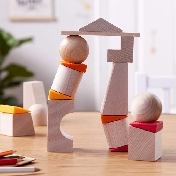 Teetering Towers Wooden Blocks at angle 2, showcasing colorful, safe wooden building blocks for creative play.