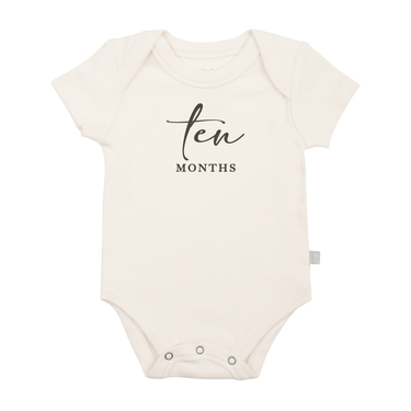 Charcoal graphic bodysuit for ten months milestone, perfect for baby’s short sleeve wardrobe.