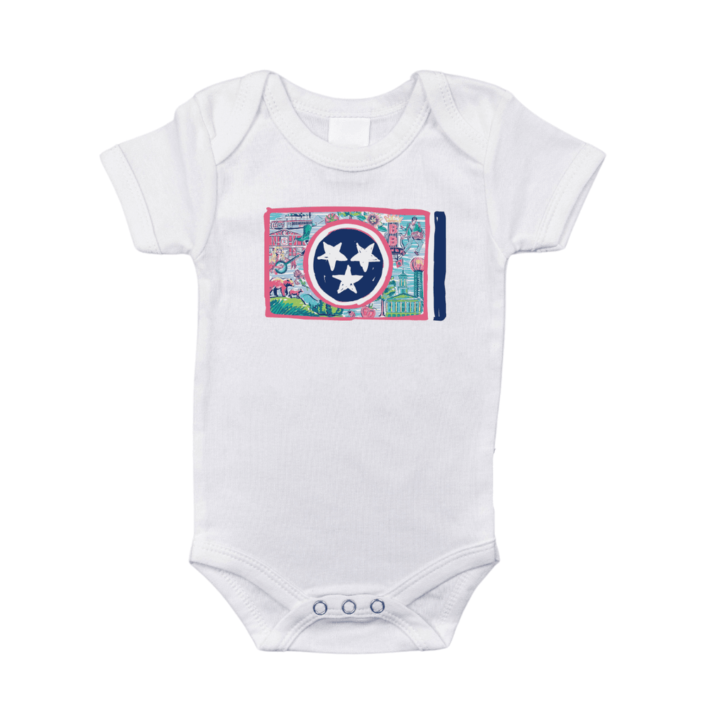 Tennessee Flag Baby Onesie - Short Sleeve Bodysuit for infants, featuring a vibrant Tennessee state flag design.