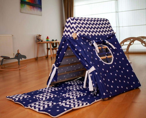 Tent cover and mat for climbing triangle, providing a cozy play space for babies. Angle 5 view.