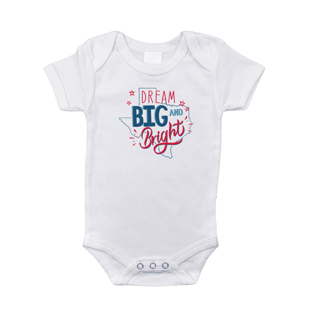 Texas Dream Big and Bright Baby Onesie - Short Sleeve Bodysuit for infants, featuring a playful design and soft fabric.