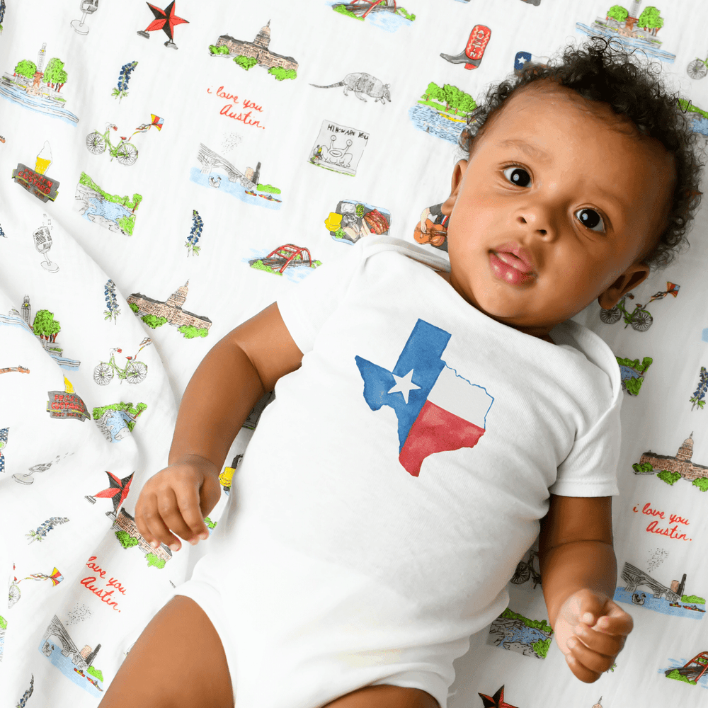 Texas Watercolor Baby Onesie - Short Sleeve Bodysuit for infants, featuring a colorful watercolor design.