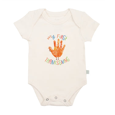 Thanksgiving-themed graphic bodysuit for babies with hand design, perfect for festive celebrations.