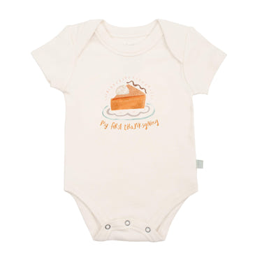 Thanksgiving pie graphic bodysuit for babies, short sleeve design, perfect for festive celebrations.