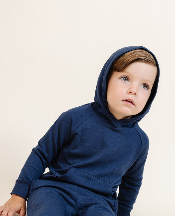 Coziest Hoodie in Midnight for babies, showcasing soft fabric and stylish design from angle 2. Perfect for comfort!
