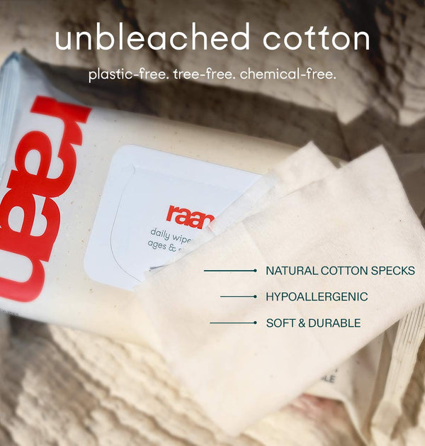 The Only Unbleached 100% Cotton Baby Wipe for Sensitive Skin, 60ct per pack