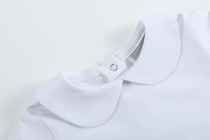 Short sleeve baby onesie in angle 4 view, soft fabric, perfect for comfort and style.