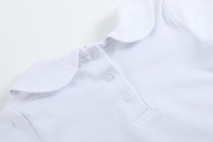 Short sleeve baby onesie in a cute design, angled view showcasing softness and comfort for infants.