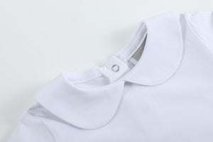 Short sleeve baby onesie in angle 4 view, featuring soft fabric and adorable design for comfort and style.