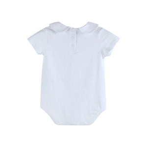 Short sleeve baby onesie in angle 2 view, featuring soft fabric and adorable design for comfort and style.