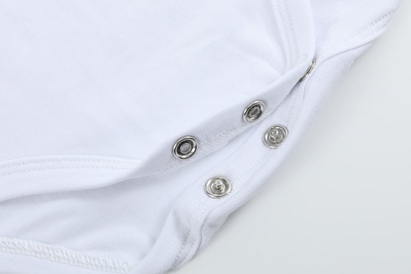 Short sleeve baby onesie in soft fabric, angle 3 view showcasing its adorable design and comfort.