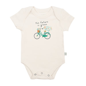 Graphic bodysuit for babies with "Future is Green" design, perfect for eco-conscious parents. Short sleeve style.