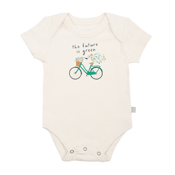 Graphic bodysuit for babies with "Future is Green" design, perfect for eco-conscious parents. Short sleeve style.