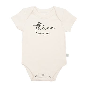 Charcoal graphic bodysuit for three months milestone, short sleeve design for baby.