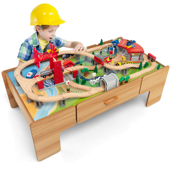 100-piece double-sided wooden train set table with storage drawer for kids age 3+, angled view showcasing vibrant design.