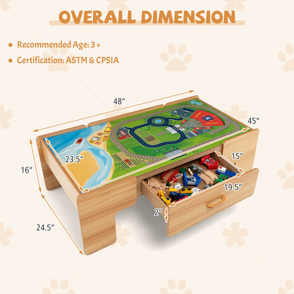 100-piece double-sided wooden train set table with storage drawer for kids age 3+, angled view showcasing vibrant design.