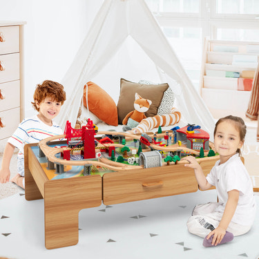 100-piece double-sided wooden train set table with storage drawer for kids age 3+, perfect for imaginative play.
