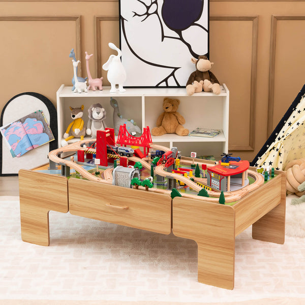 100-piece double-sided wooden train set table for kids, featuring storage drawer, perfect for ages 3 and up.
