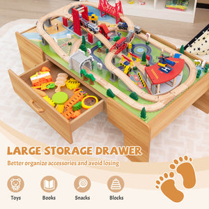 100-piece double-sided wooden train set table with storage drawer for kids age 3+, shown from angle 6.