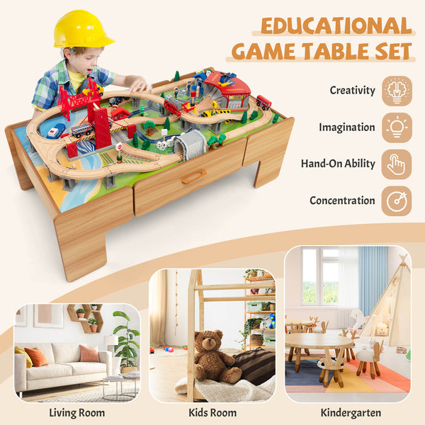 100-piece double-sided wooden train set table with storage drawer for kids age 3+, shown from angle 7.