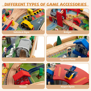 100-piece double-sided wooden train set table with storage drawer for kids age 3+, viewed from angle 8.
