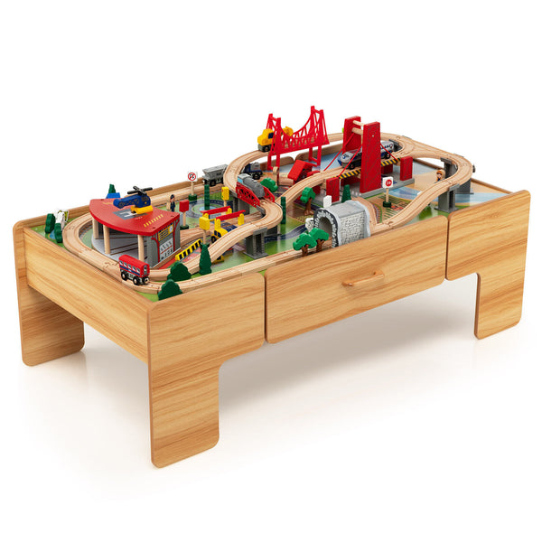 100-piece double-sided wooden train set table with storage drawer for kids age 3+, angled view showcasing play features.