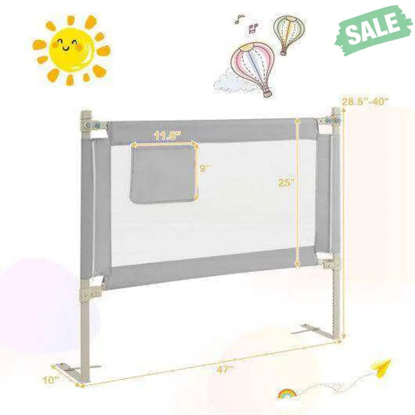 Toddler Bedrail with Side Pocket and 24 Adjustable Heights-Gray Bed Rails
