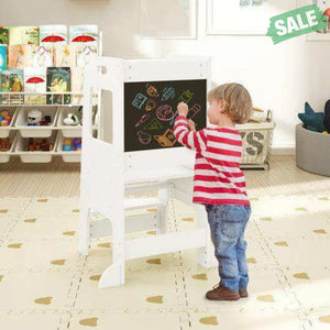 Toddler Kitchen Step Stool with Activity Chalkboard and Adjustable Height-Natural Toddler & Kids Furniture