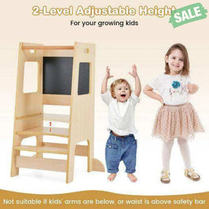 Toddler Kitchen Step Stool with Activity Chalkboard and Adjustable Height-Natural Toddler & Kids Furniture