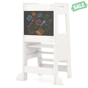 Toddler Kitchen Step Stool with Activity Chalkboard and Adjustable Height-Natural Toddler & Kids Furniture