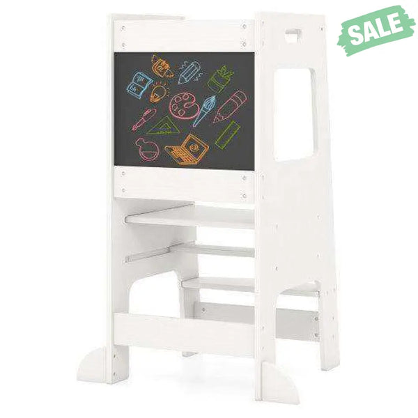 Toddler Kitchen Step Stool with Activity Chalkboard and Adjustable Height-Natural Toddler & Kids Furniture