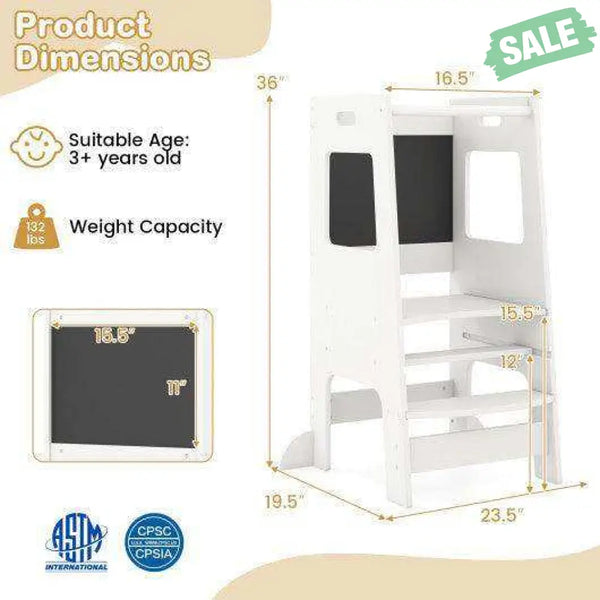 Toddler Kitchen Step Stool with Activity Chalkboard and Adjustable Height-Natural Toddler & Kids Furniture