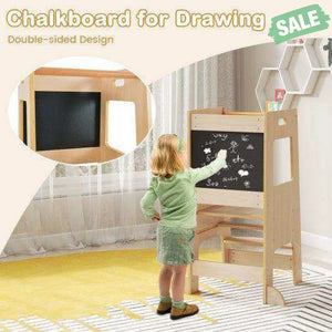 Toddler Kitchen Step Stool with Activity Chalkboard and Adjustable Height-Natural Toddler & Kids Furniture