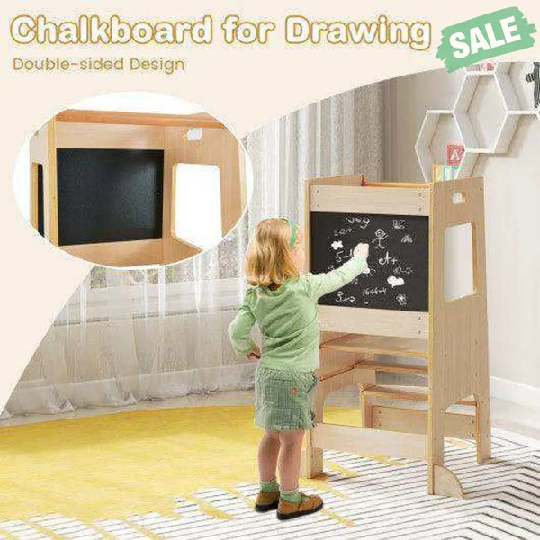 Toddler Kitchen Step Stool with Activity Chalkboard and Adjustable Height-Natural Toddler & Kids Furniture