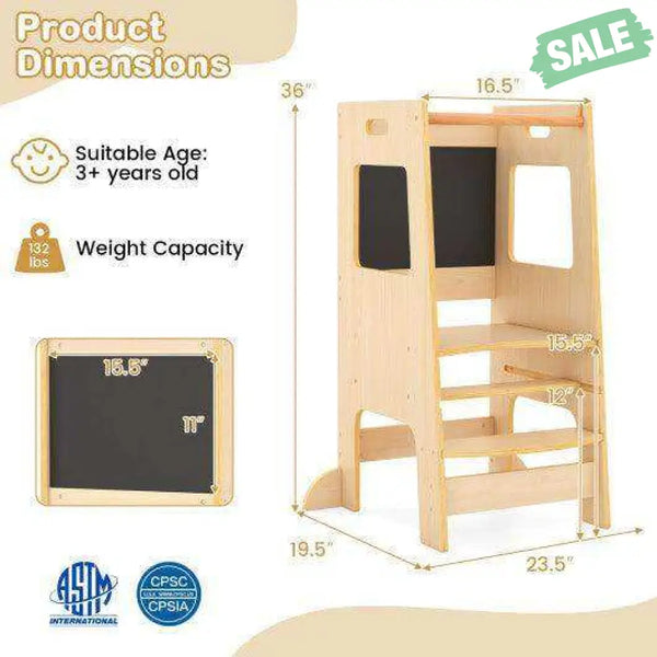 Toddler Kitchen Step Stool with Activity Chalkboard and Adjustable Height-Natural Toddler & Kids Furniture