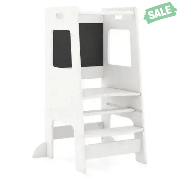 Toddler Kitchen Step Stool with Activity Chalkboard and Adjustable Height-Natural Toddler & Kids Furniture